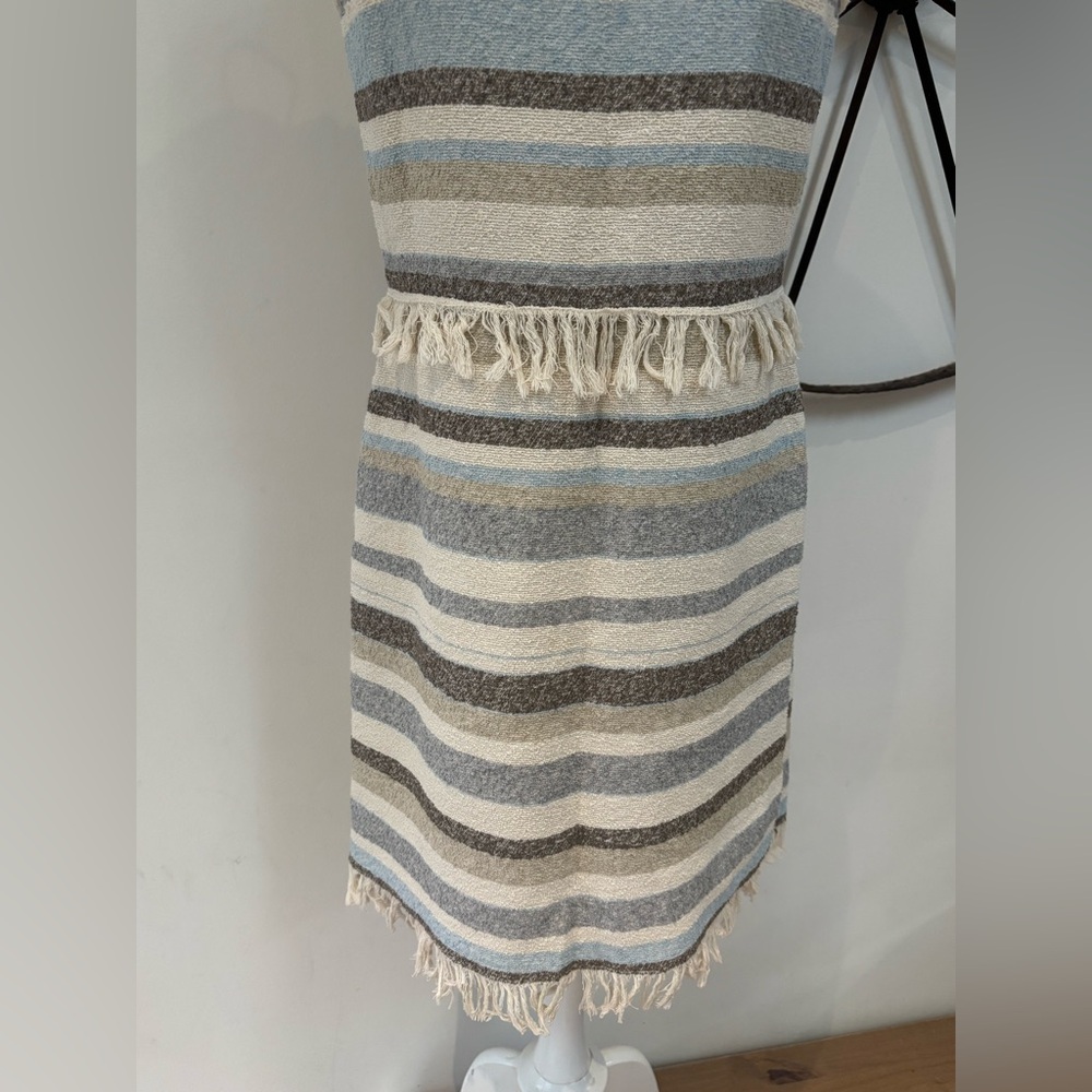 Tory Burch Jane stripe light blue woven sleeveless fringe sheath dress 6 $325 - Picture 4 of 11